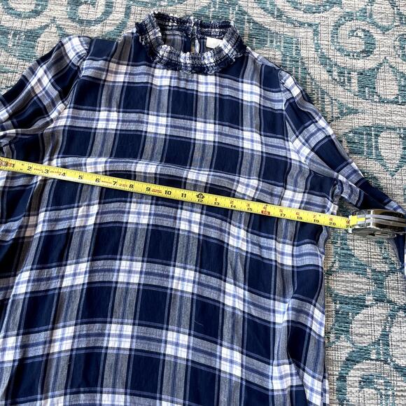 LOFT Blue Plaid Ruffle Mock Neck Blouse Long Sleeve Top - Size M - Picture 5 of 6